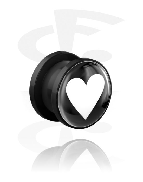 Tunnels & Plugs, Tunnel à filetage (acrylique, noir) avec motif "coeur", Acrylique