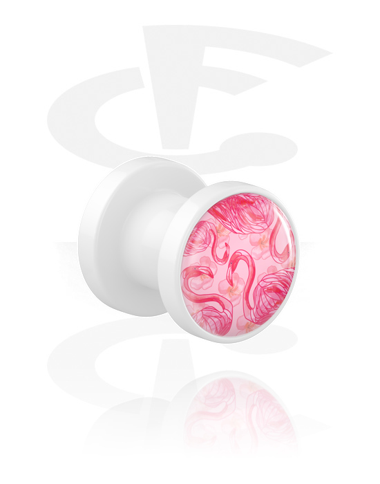 Tunnels & Plugs, Opschroefbare tunnel (acryl, wit) met flamingo-motief, Acryl