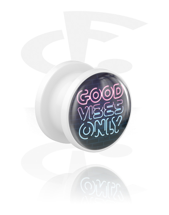 Tunnels & Plugs, Opschroefbare tunnel (acryl, wit) met opdruk ‘good vibes only’, Acryl