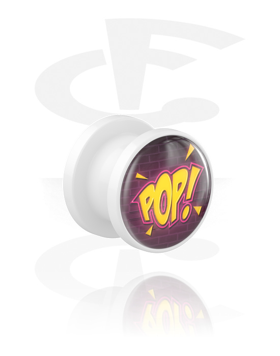 Tunnels & Plugs, Screw-on tunnel (acrylic, white) with "Pop!" lettering, Acrylic