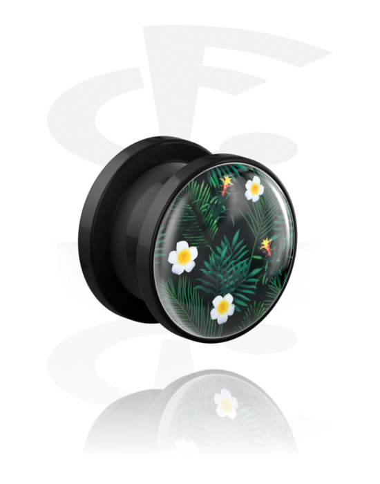 Tunnels & Plugs, Screw-on tunnel (acrylic, black) with flower design, Acrylic
