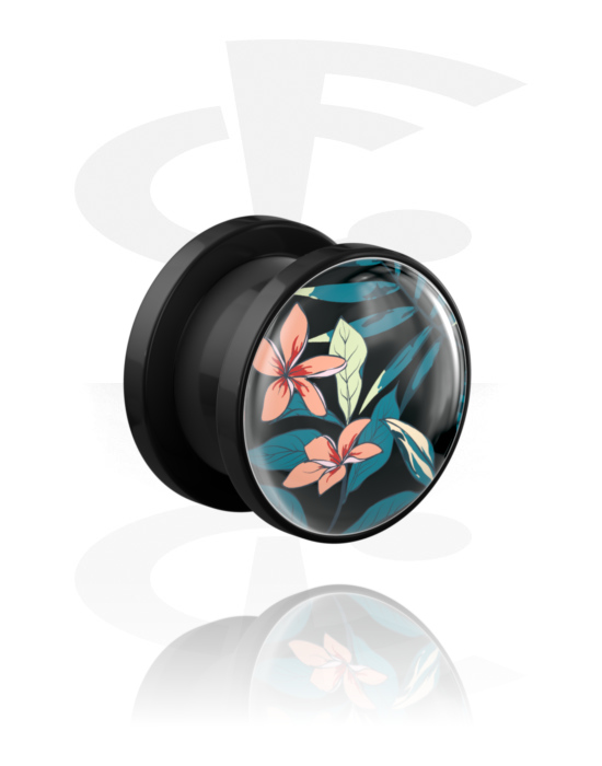 Tunneler & plugger, Skrutunnel (akryl, svart) med blomsterdesign, Akryl