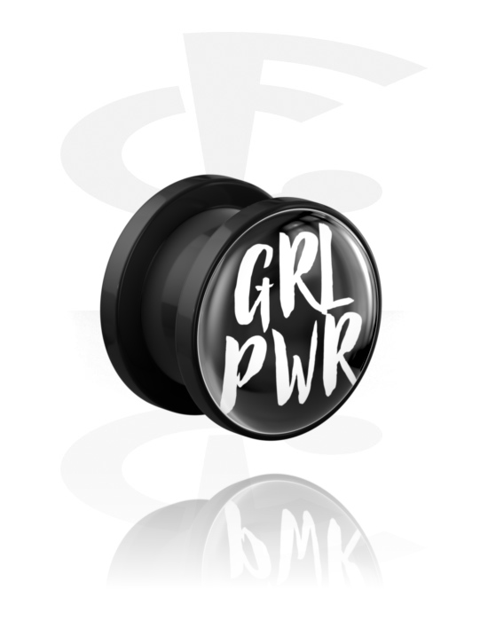 Tunnels & Plugs, Screw-on tunnel (acrylic, black) with "GRL PWR" lettering, Acrylic