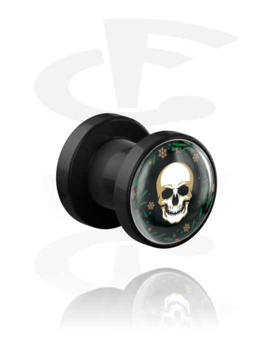 Tunnels & Plugs, Black Tunnel with Winter Skull Design, Acrylic