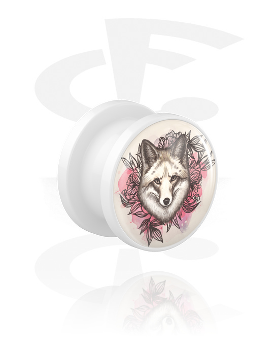 Tunnels & Plugs, Screw-on tunnel (acrylic, white) with motif "wolf and roses", Acrylic