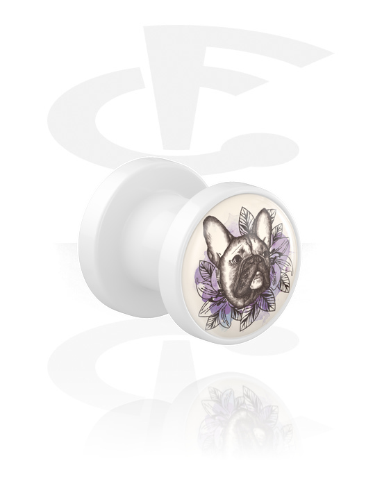 Tunnels & Plugs, Screw-on tunnel (acrylic, white) with motif "french bulldog", Acrylic