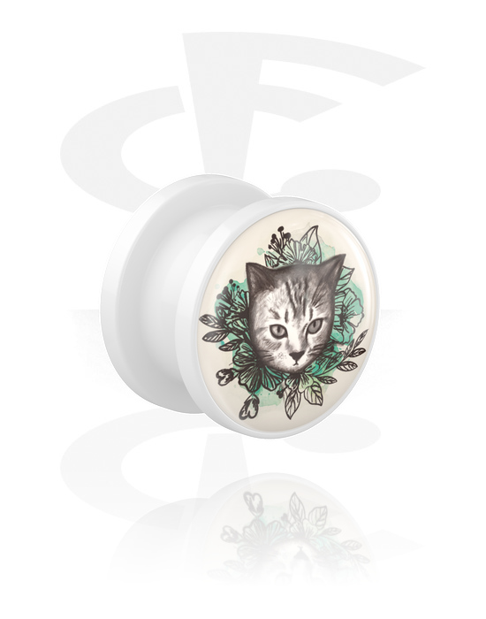 Tunnels & Plugs, Opschroefbare tunnel (acryl, wit) met kattenmotief, Acryl