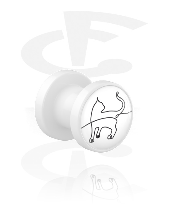 Tunnel & Plugs, Tunnel mit Gewinde (Acryl, weiß) mit Motiv "Einlinienzeichnung Katze", Acryl