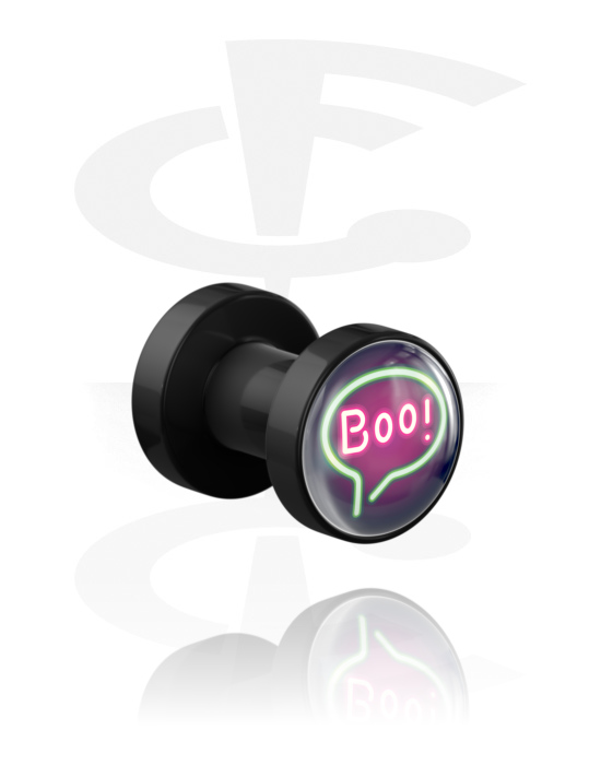Tunnels & Plugs, Screw-on tunnel (acrylic, black) with "Boo!" lettering, Acrylic