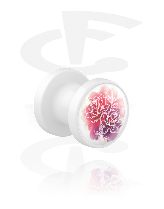 Tunnels & Plugs, Screw-on tunnel (acrylic, white) with rose design, Acrylic