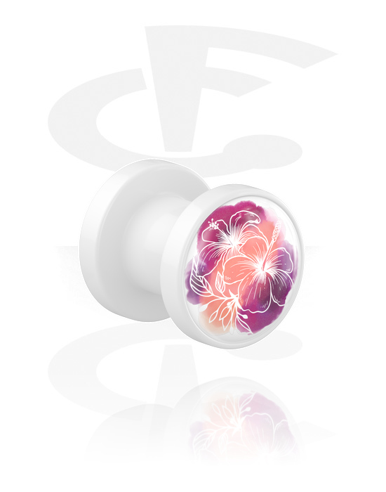 Tunnels & Plugs, Screw-on tunnel (acrylic, white) with flower design, Acrylic