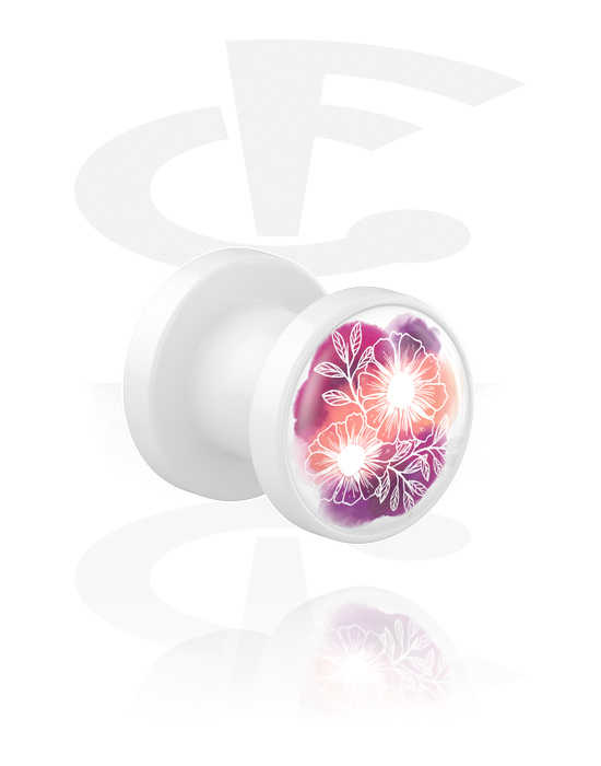 Tunnels & Plugs, Screw-on tunnel (acrylic, white) with flower design, Acrylic