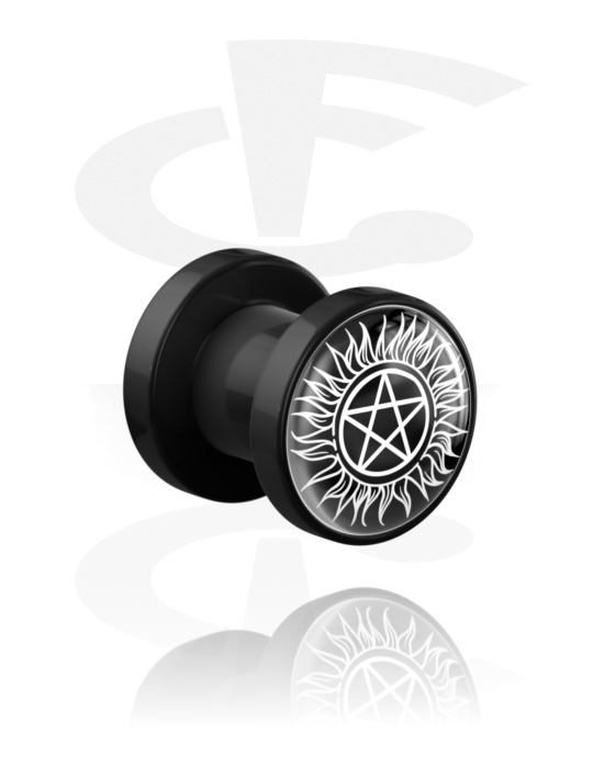 Tunnels & Plugs, Screw-on tunnel (acrylic, black) with pentagram design, Acrylic