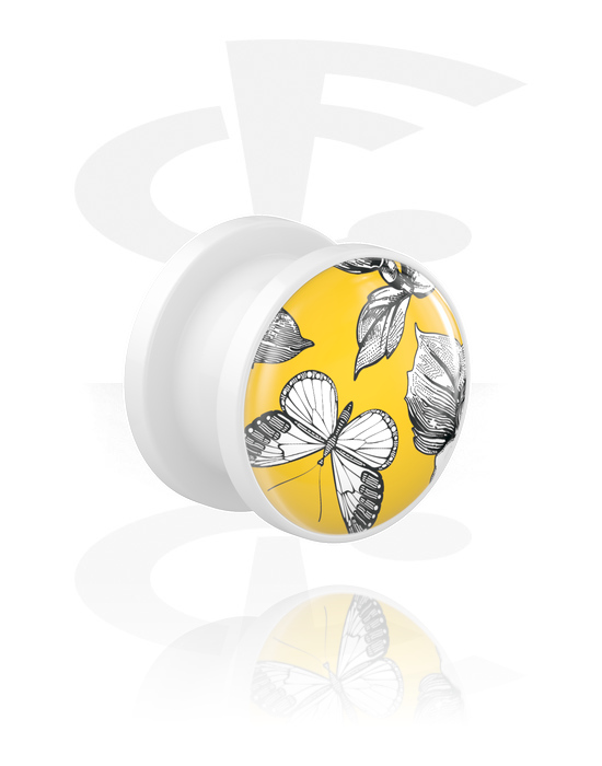 Tunnels & Plugs, Screw-on tunnel (acrylic, white) with butterfly design, Acrylic