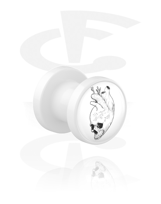 Tunnels & Plugs, Tunnel à filetage (acrylique, blanc) avec motif "coeur et crâne", Acrylique