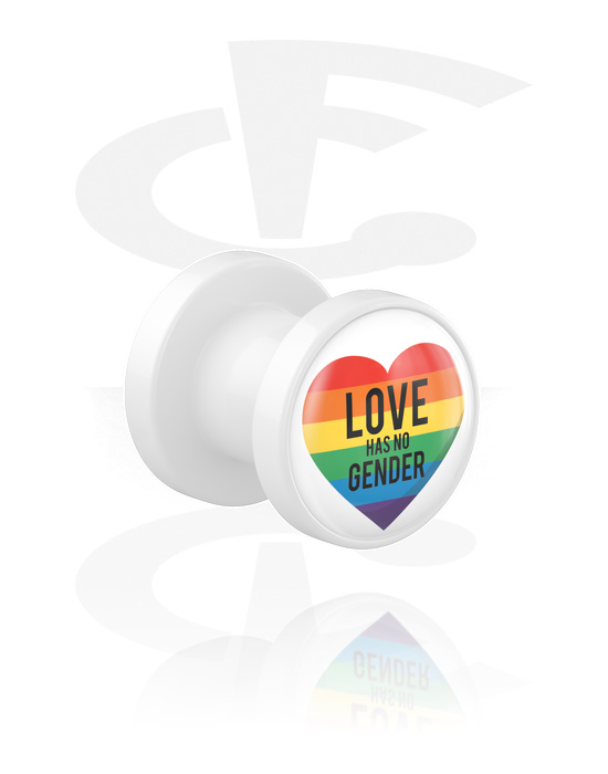 Túneis & Plugs, Túnel com rosca (acrílico, branco) com frase"love has no gender" e cores de arco-íris, Acrílico