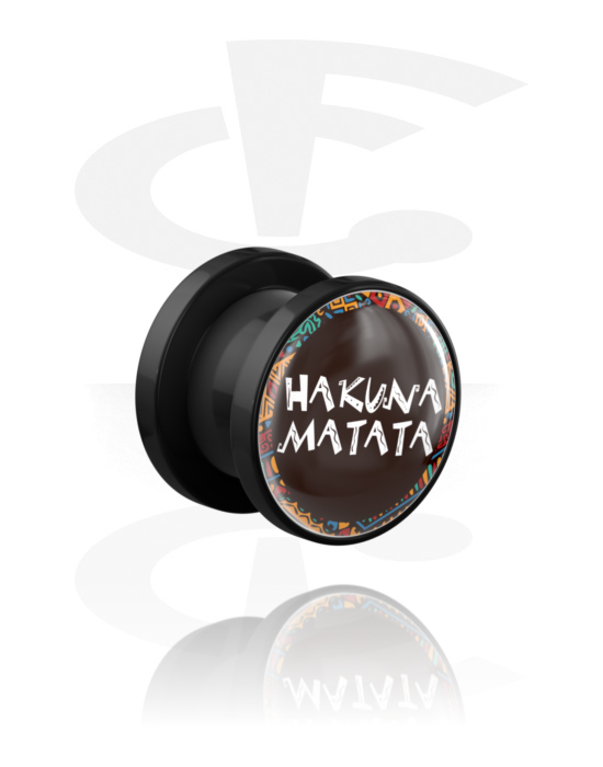 Tunnels & Plugs, Opschroefbare tunnel (acryl, zwart) met Opdruk ‘Hakuna Matata’, Acryl