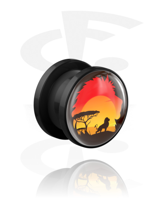 Tunnels & Plugs, Tunnel à filetage (acrylique, noir) avec motif "lion", Acrylique