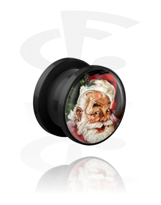 Tunnels & Plugs, Screw-on tunnel (acrylic, black) with Santa Claus design, Acrylic