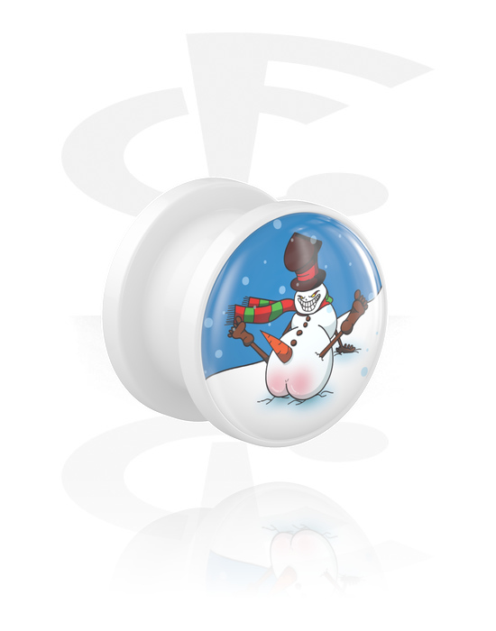 Tunnlar & Pluggar, Screw-on tunnel (acrylic, white) med snowman design, Akryl