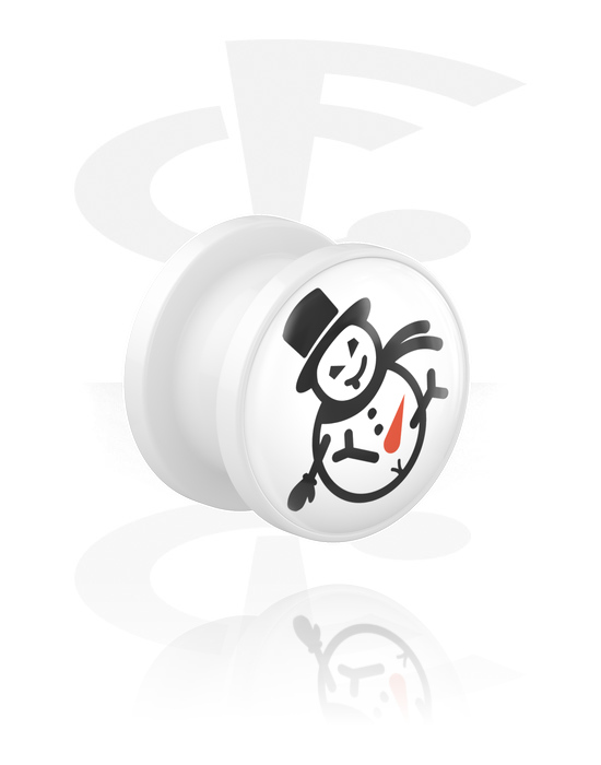Tunnels & Plugs, Screw-on tunnel (acrylic, white) with snowman design, Acrylic