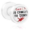 Tunnels & Plugs, Opschroefbare tunnel (acryl, wit) met Opdruk ‘Santa is coming to town’, Acryl