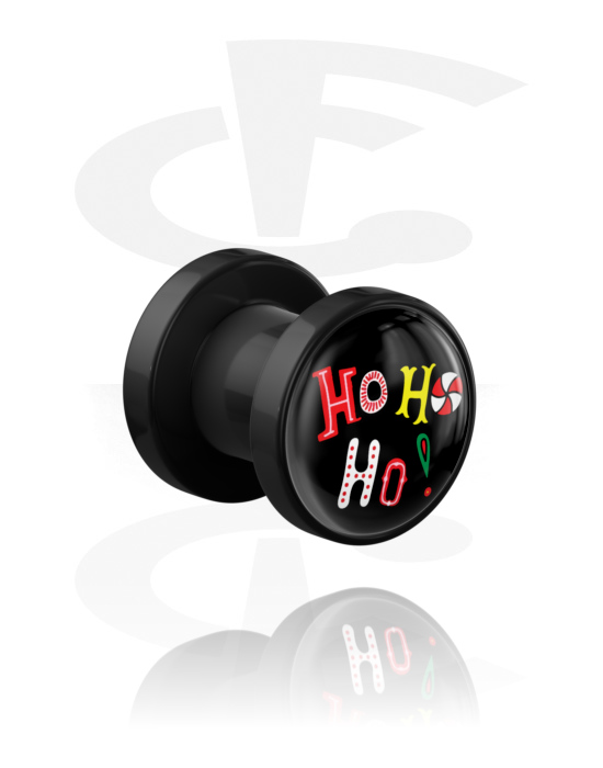 Tunnels & Plugs, Tunnel à filetage (acrylique, noir) avec lettrage "ho ho ho" , Acrylique
