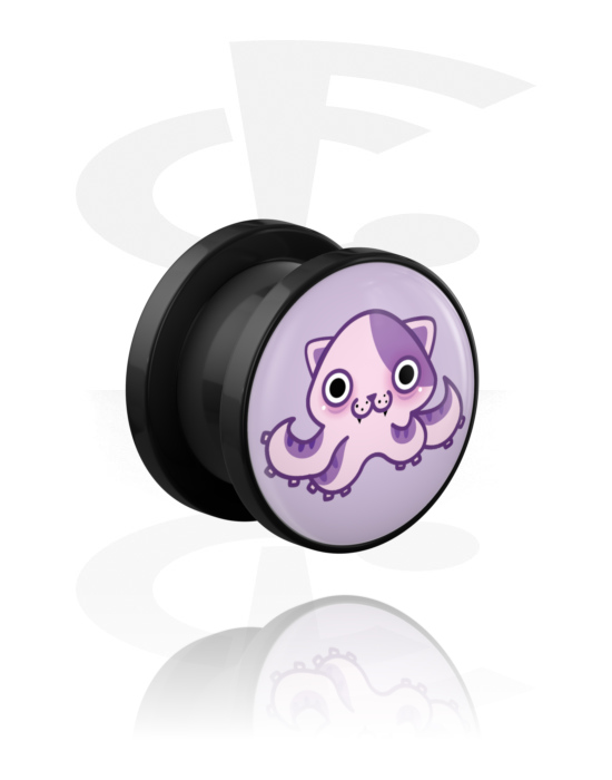 Tunnels & Plugs, Screw-on tunnel (acrylic, black) with octopus design, Acrylic