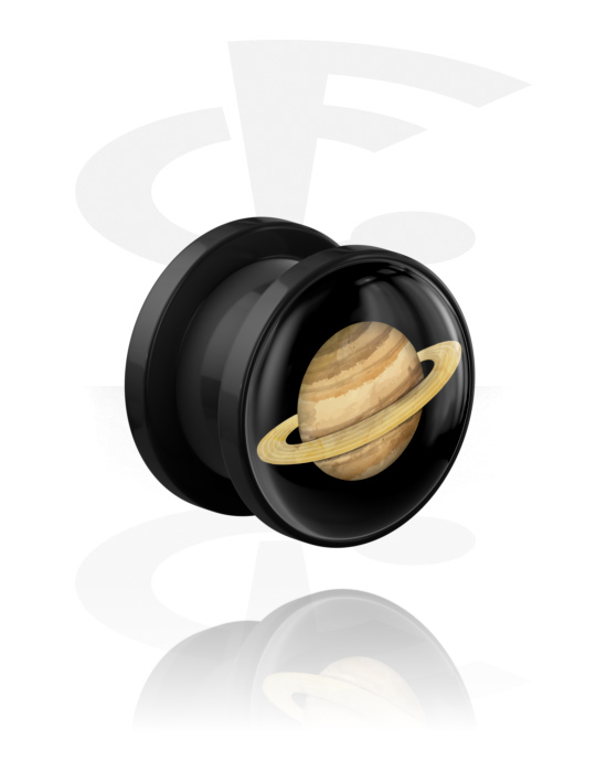 Tunely & plugy, Šroubovací tunel (akryl, černá) s designem planeta „Saturn“, Akryl