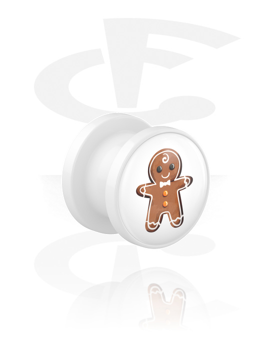Tunnlar & Pluggar, Screw-on tunnel (acrylic, white) med gingerbread man design, Akryl