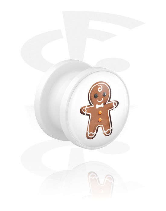 Tunnlar & Pluggar, Screw-on tunnel (acrylic, white) med gingerbread man design, Akryl