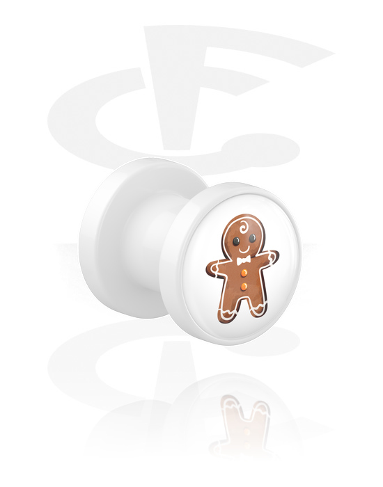 Tunnels & Plugs, Screw-on tunnel (acrylic, white) with gingerbread man design, Acrylic