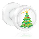 Tunnels & Plugs, Screw-on tunnel (acrylic, white) with Christmas tree design, Acrylic
