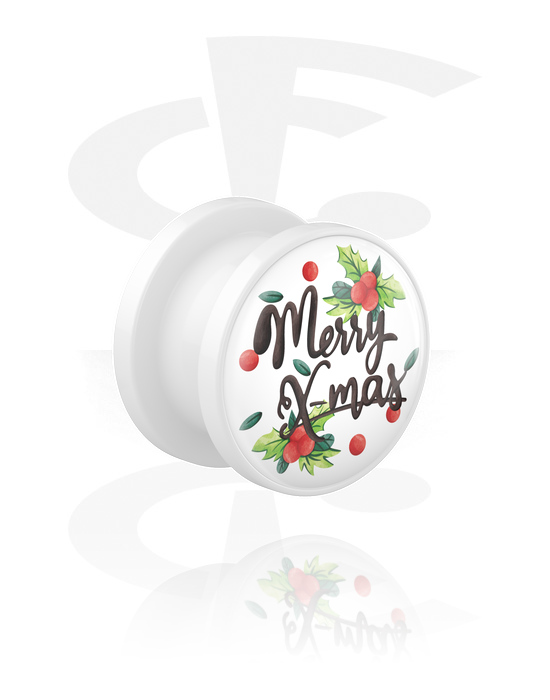 Tunnels & Plugs, Opschroefbare tunnel (acryl, wit) met Opdruk ‘Merry Christmas’, Acryl