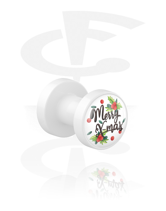 Tunnels & Plugs, Screw-on tunnel (acrylic, white) with "Merry Christmas" lettering, Acrylic
