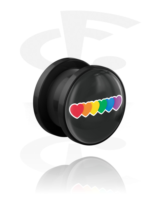 Tunnel & Plug, Tunnel con filettatura (acrilico, nero) con motivo a cuore con i colori dell'arcobaleno, Acrilico