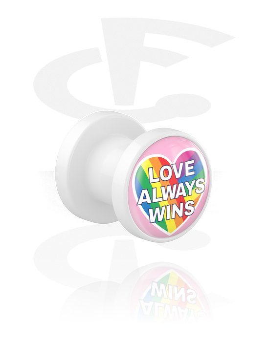 Tunnels & Plugs, Screw-on tunnel (acrylic, white) with "love always wins" lettering, Acrylic