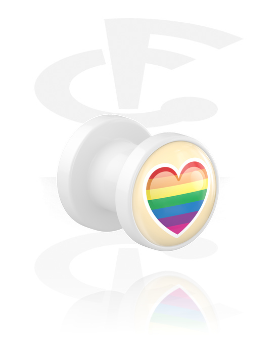 Tunnels & Plugs, Screw-on tunnel (acrylic, white) with heart design and rainbow colors, Acrylic