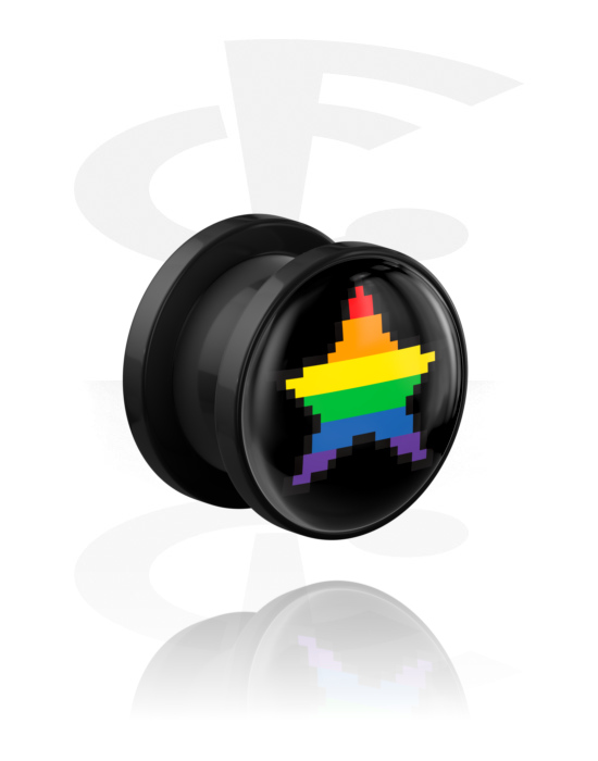 Tunnels & Plugs, Screw-on tunnel (acrylic, black) with star motif in rainbow colors, Acrylic