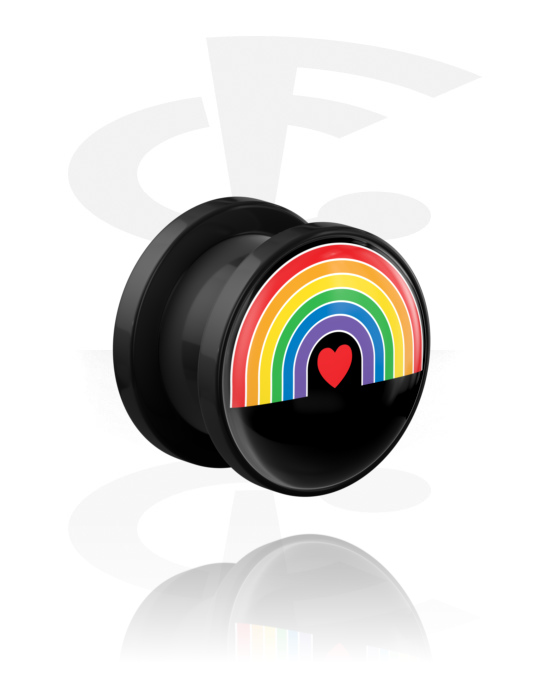 Tunnels & Plugs, Screw-on tunnel (acrylic, black) with heart motif in rainbow colours, Acrylic