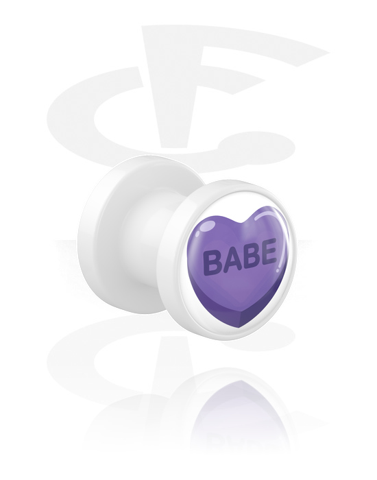 Tunnels & Plugs, Screw-on tunnel (acrylic, white) with "babe" lettering, Acrylic