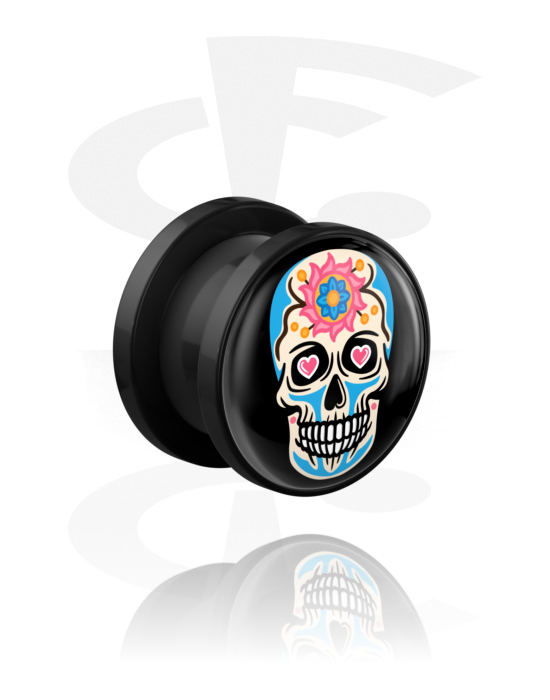 Alagutak és dugók, Screw-on tunnel (acrylic, various colours) val vel sugar skull "Dia de Los Muertos" design , Akril