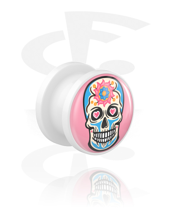 Tunnlar & Pluggar, Screw-on tunnel (acrylic, various colours) med sugar skull "Dia de Los Muertos" design , Akryl