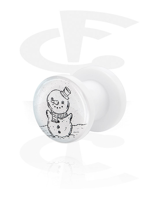 Tunnels & Plugs, White Tunnel with Winter Snowman Design, Acrylic
