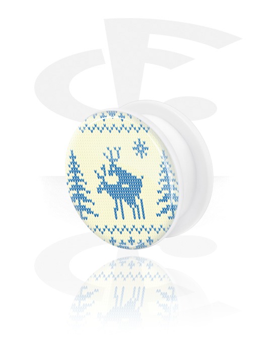 Tunnels & Plugs, White Tunnel with Winter Reindeer Design, Acrylic