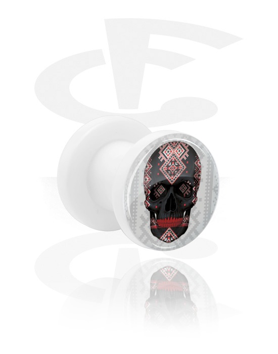 Tunnels & Plugs, White Tunnel with skull design, Acrylic
