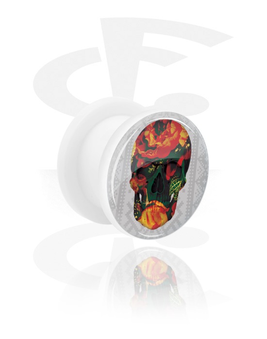 Tunnels & Plugs, White Tunnel with skull design, Acrylic