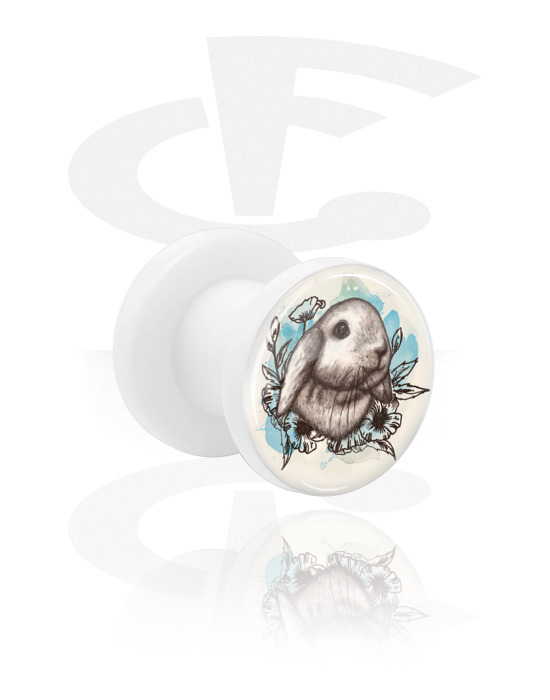Tunnels & Plugs, White Tunnel with rabbit design, Acrylic