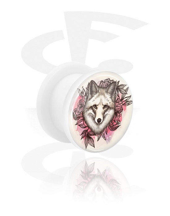 Tunnels & Plugs, White Tunnel with wolf design, Acrylic