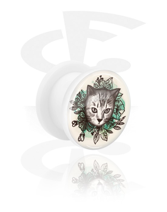 Tunnels & Plugs, White Tunnel with cat design, Acrylic